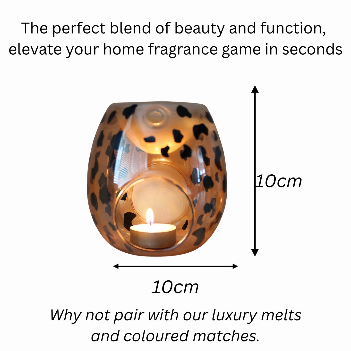 Leopard print wax warmer with a lit candle, labeled dimensions, and text about home fragrance.