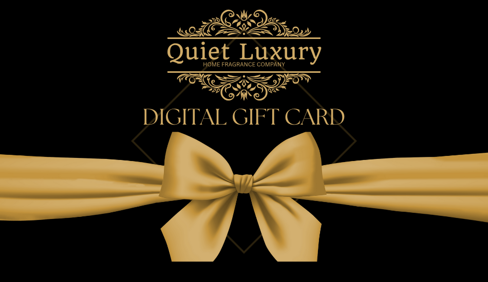 Quiet Luxury digital gift card with a gold bow on a black background