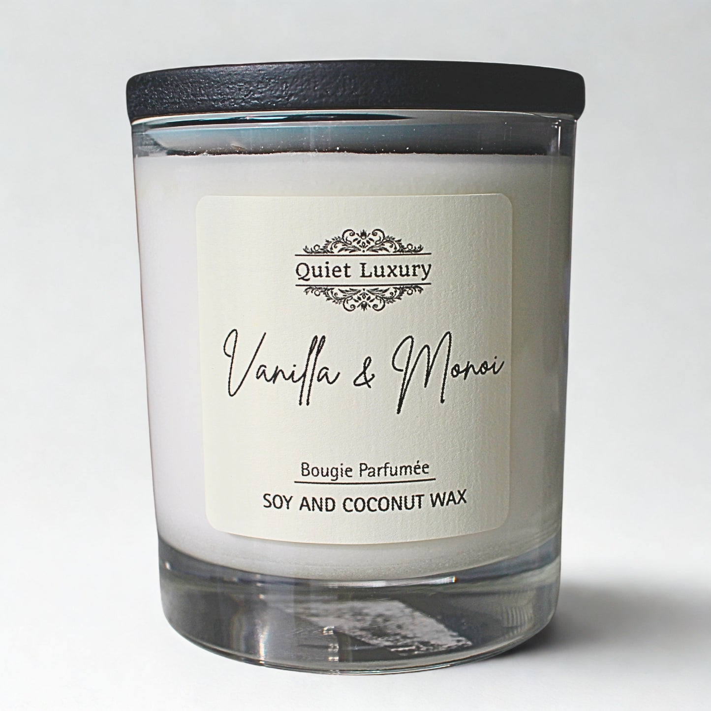 vanilla and monoi luxury soy candle with 'Quiet Luxury' label on a white background
