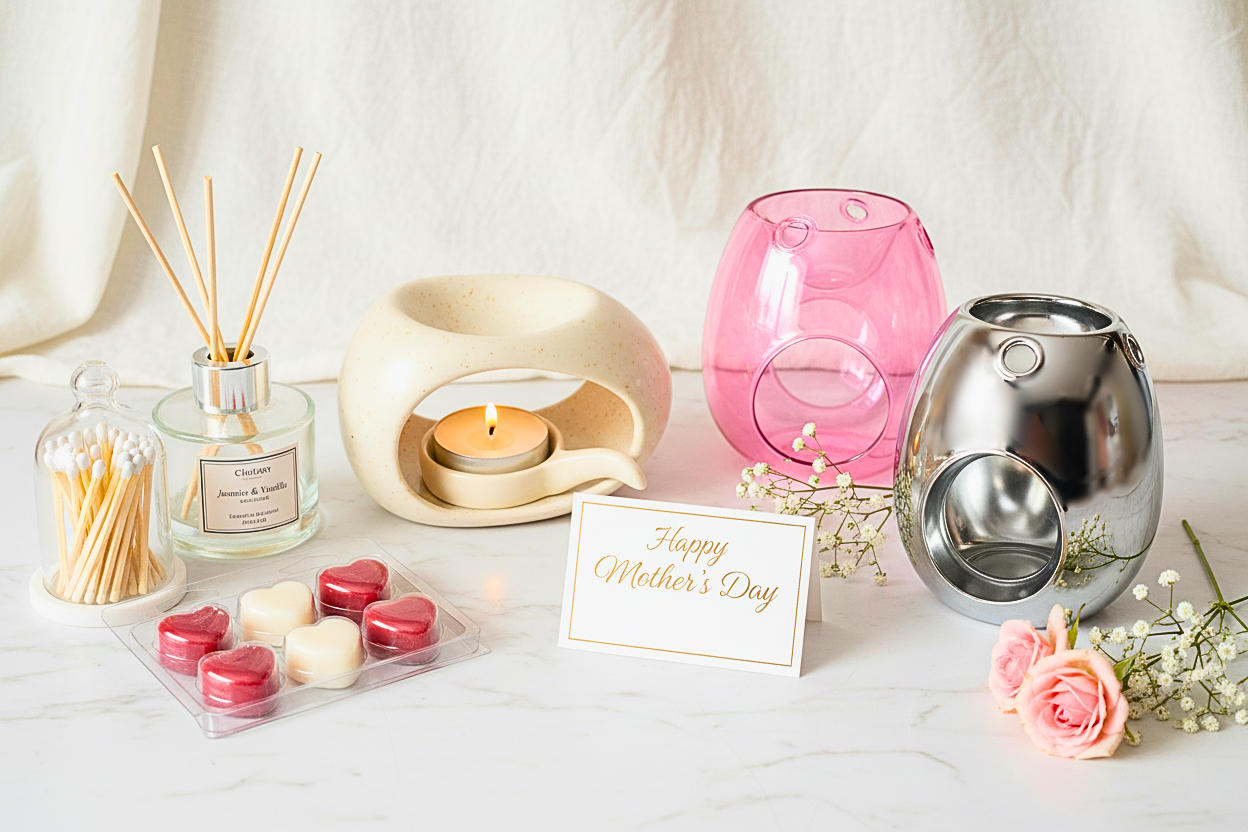 Luxury home fragrance set with reed diffuser, heart-shaped wax melts, stylish candle holders, and flowers, ideal for gift giving.
