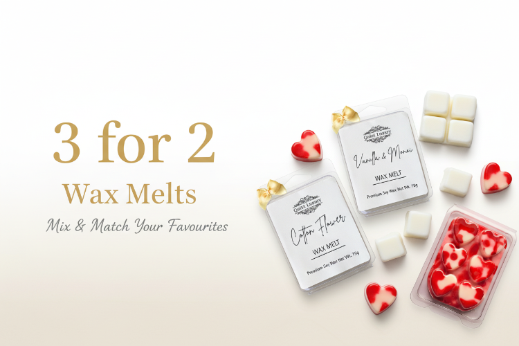 promotion image with text displaying 3 for 2 sale on eco friendly soy wax melts with wax melts in luxury packaging
