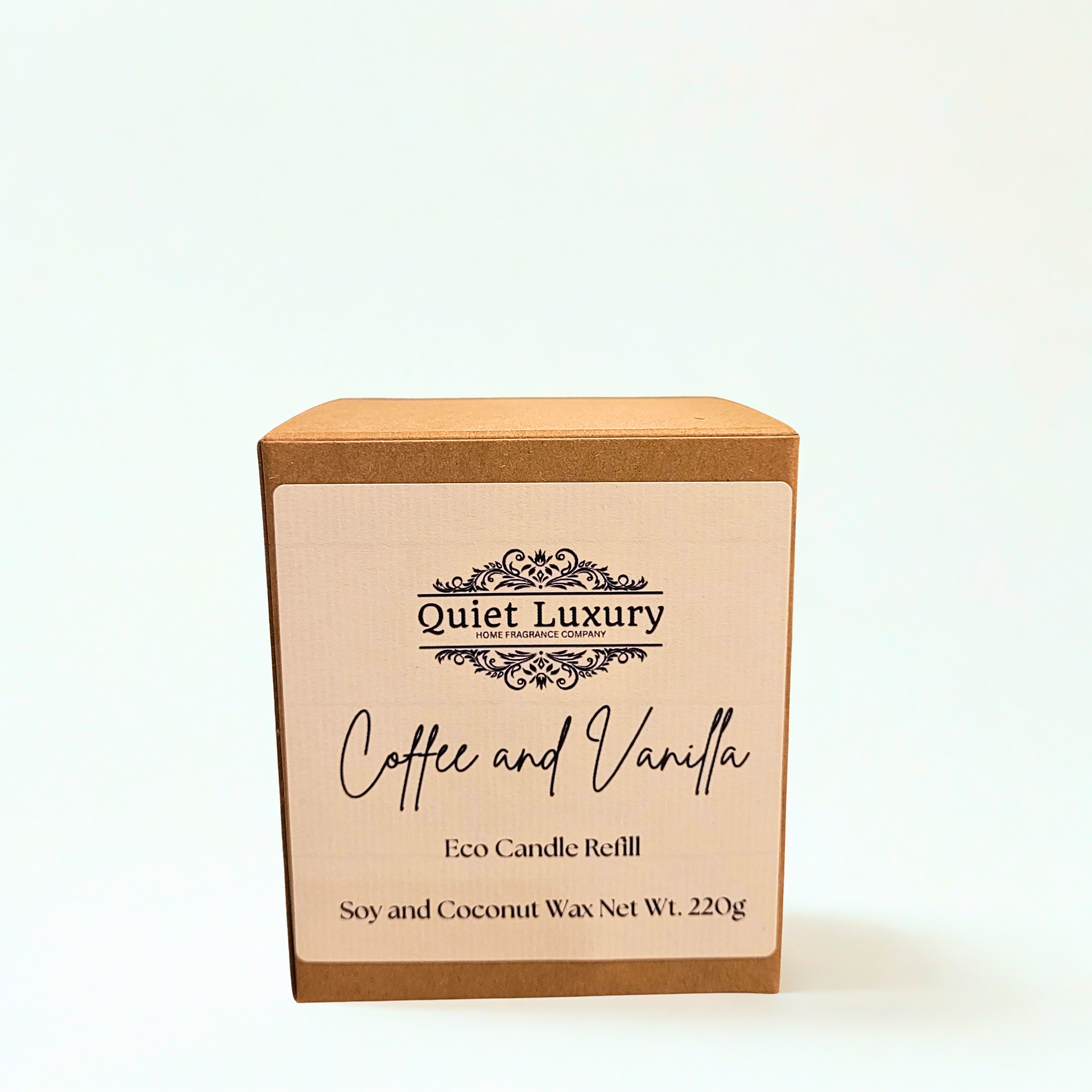 Eco candle refill box labeled Coffee and Vanilla, soy and coconut wax, 220g.