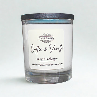 Coffee and vanilla luxury scented candle in clear glass jar with soy and coconut wax