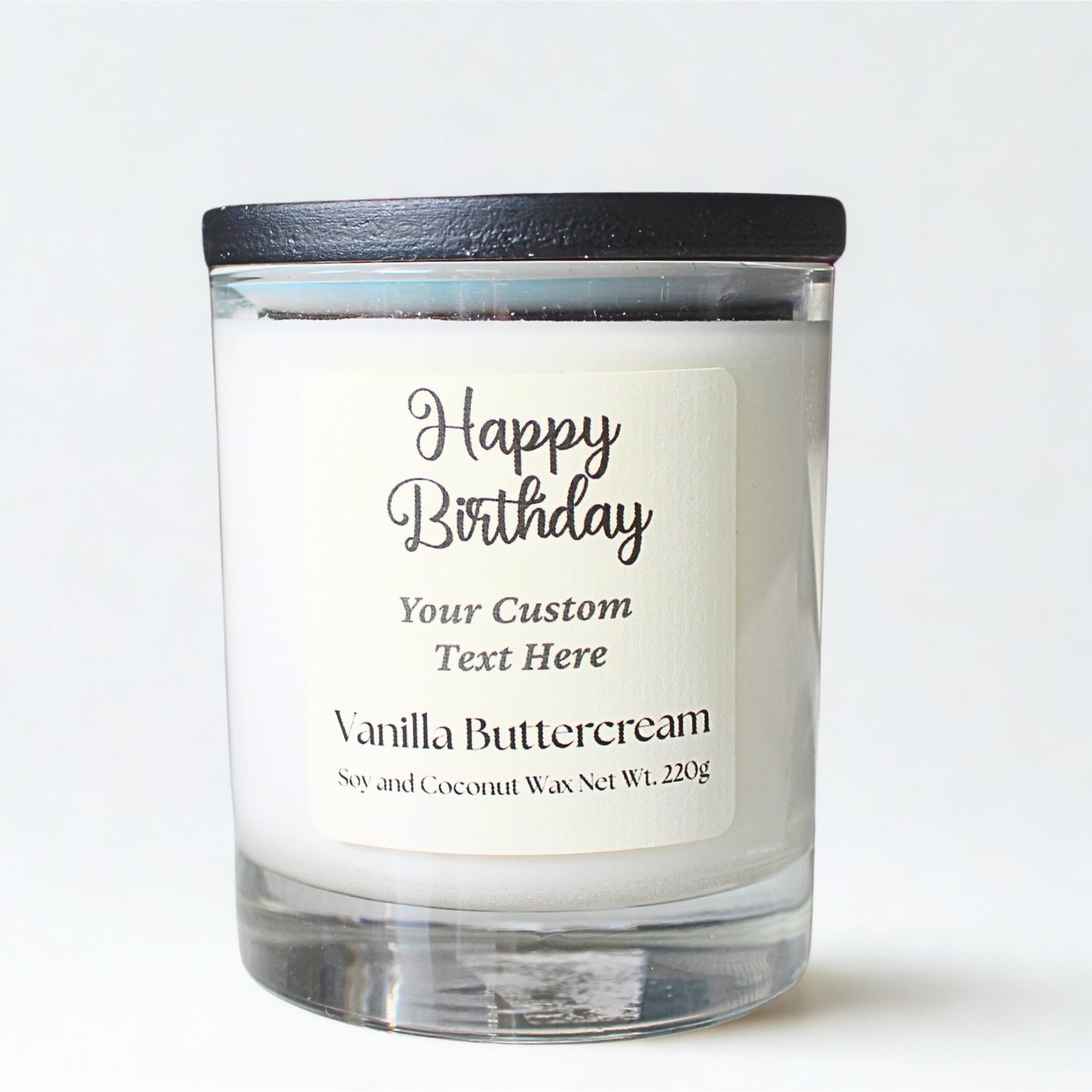 Vanilla Buttercream candle with customizable text on a white background