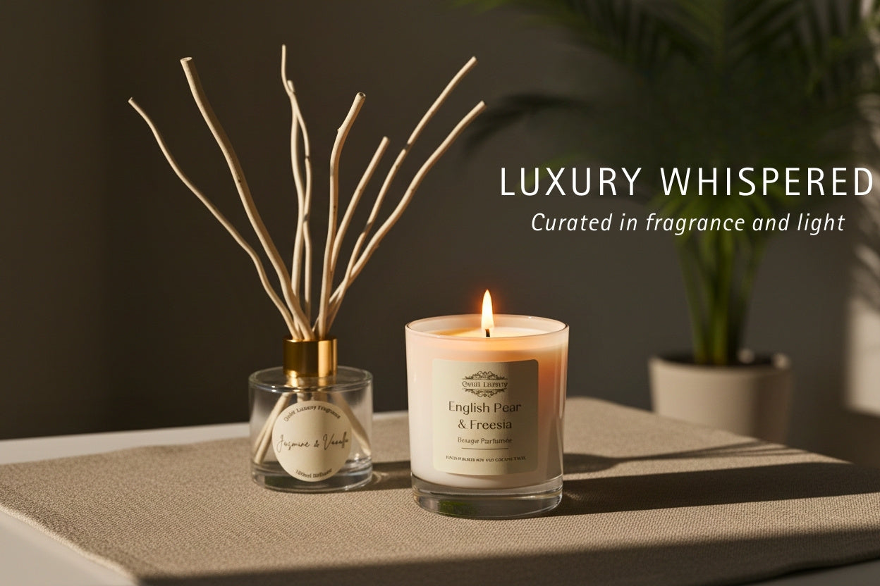 Candle and decorative home diffuser on a table with 'Luxury Whispered' text in the background