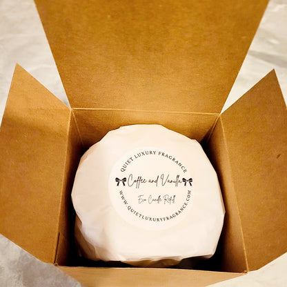 Coffee and vanilla eco candle refill in cardboard box, top view, premium soy wax