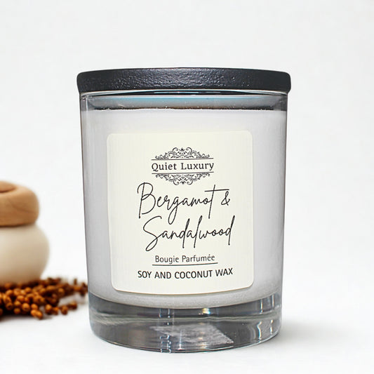 luxury bergamot and sandalwood Candle with a 'Quiet Luxury' label on a white background