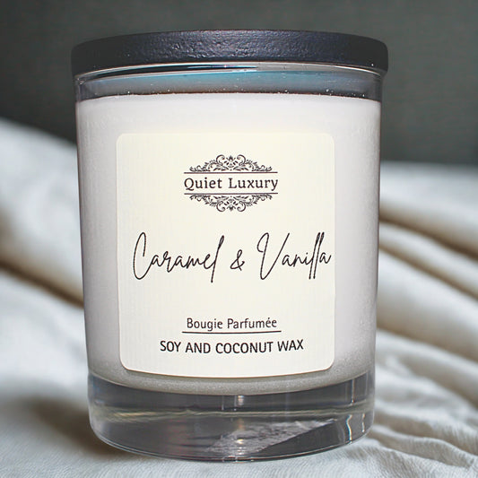 Caramel and vanilla Candle with 'Quiet Luxury' label on a neutral background