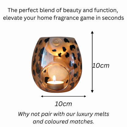 Cheetah print glass wax warmer with candle, 10cm x 10cm, perfect for home fragrance.