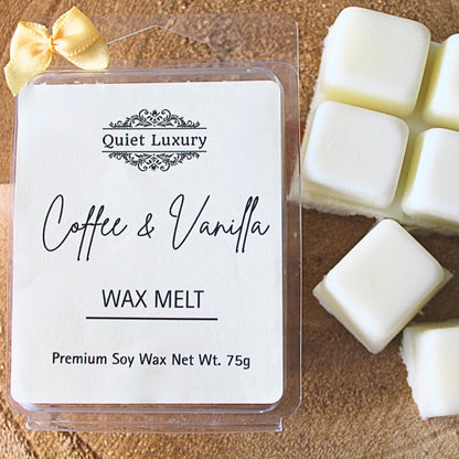 Coffee and vanilla soy wax melt pack with creamy white wax cubes on wooden surface