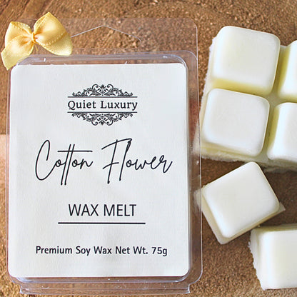 Cotton Flower soy wax melt pack with cream wax cubes on wooden surface