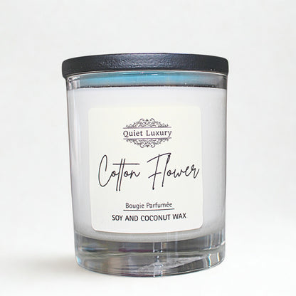 Cotton Flower scented soy and coconut wax candle in clear glass jar on white background