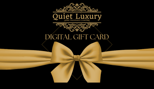 Quiet Luxury digital gift card with a gold bow on a black background