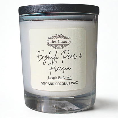 English pear and freesia luxury candle in glass jar with black lid, soy and coconut wax