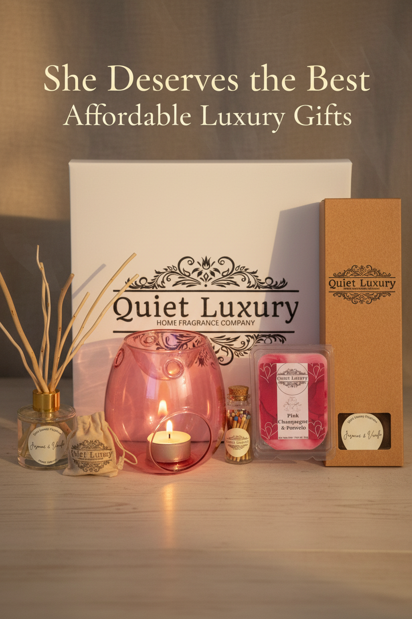 Collection of luxury frangrant diffusers, wax warmers and wax melts on a wooden surface with a neutral background.
