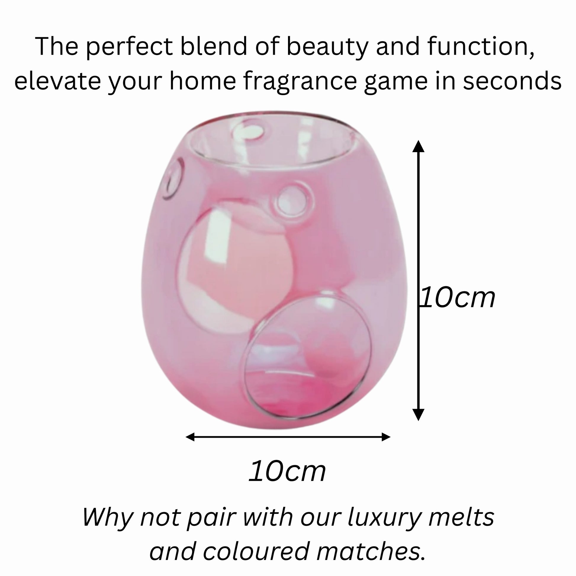 Pink glass modern wax warmer with measurement details on a white background