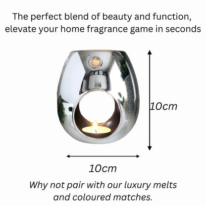 Silver electroplated wax warmer with tealight, 10cm height and width, modern design.