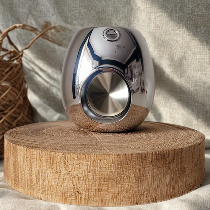 Silver electroplated wax warmer on a wooden display, reflecting natural light, home decor