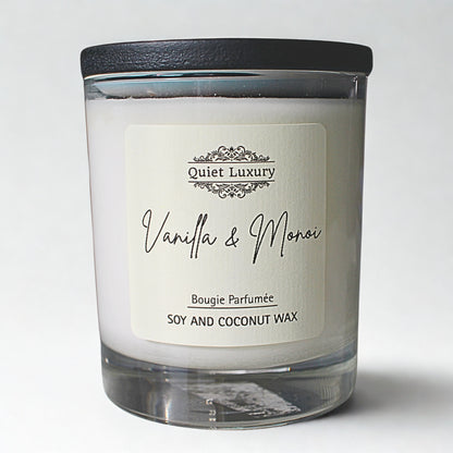 Vanilla and Monoi luxury soy and coconut wax candle in glass jar with black lid