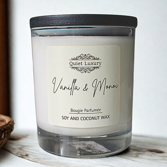 Soy candle vanilla and monoi with 'Quiet Luxury' label on a white background