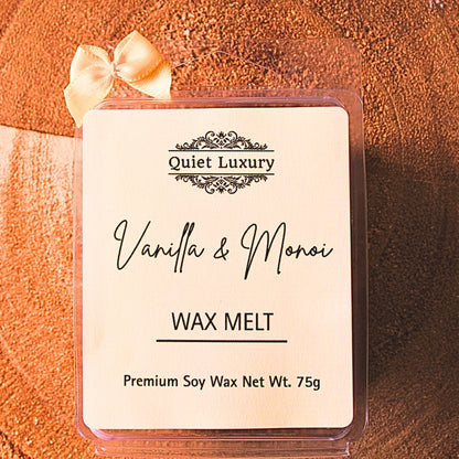 Vanilla and Monoi soy wax melt in clear packaging with cream label and ribbon, 75g